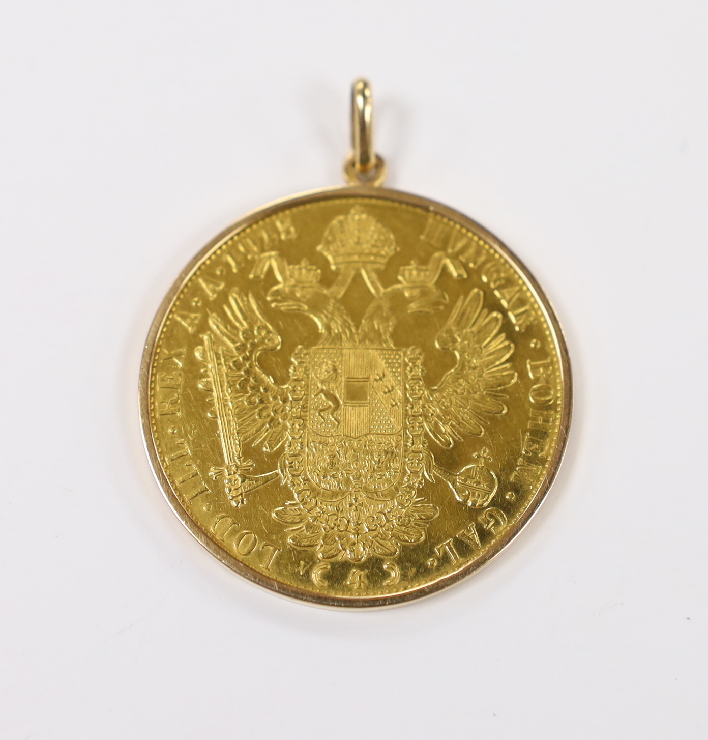 An Austro-Hungarian Empire 1915 4 Ducats gold coin, in later yellow metal pendant mount (re-strike).